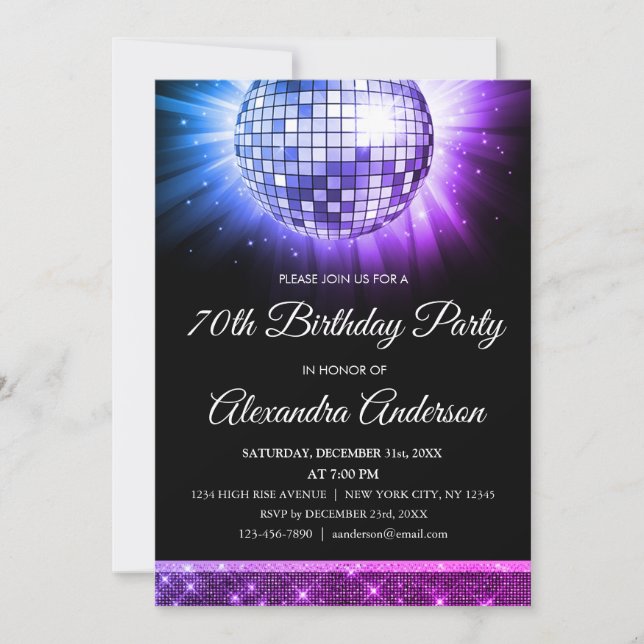 Convite Bola Disco da Festa de aniversário Roxa de 70's (Frente)