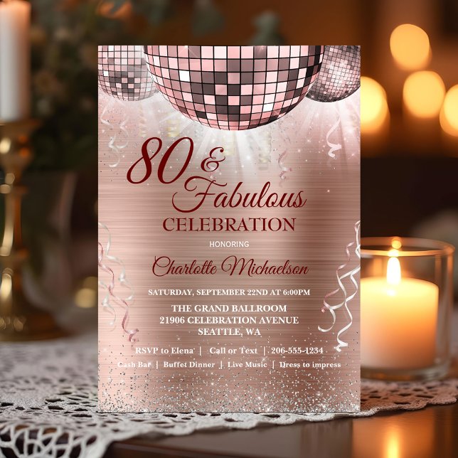 Convite Bola Disco de Aniversário do Glam 80 de Glam Doura (Rose Gold Glitter Glam 80th Birthday Disco Ball Invitation)