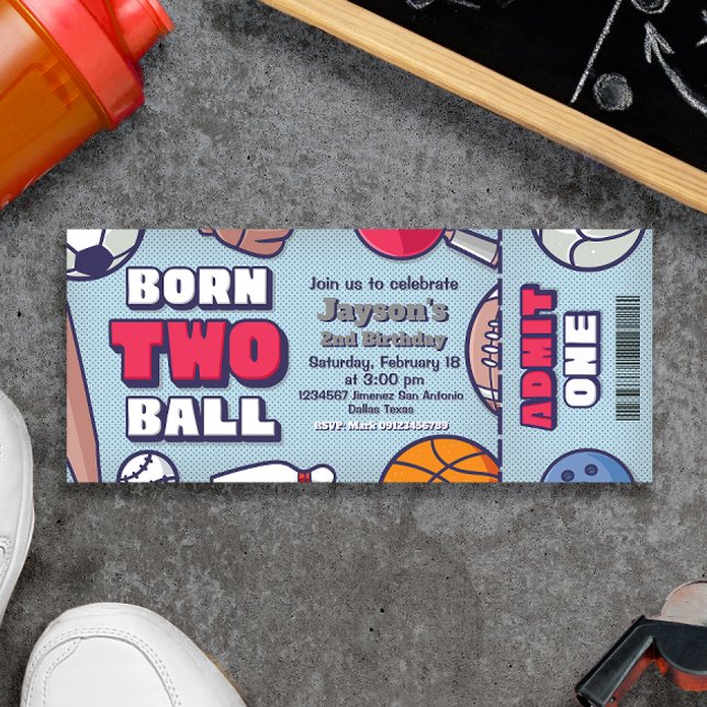 Convite Bola do nascer 2 - Bilhete do segundo aniversário (Born Two Ball - 2nd Birthday Boy Ticket Invitation - Sports Themed)