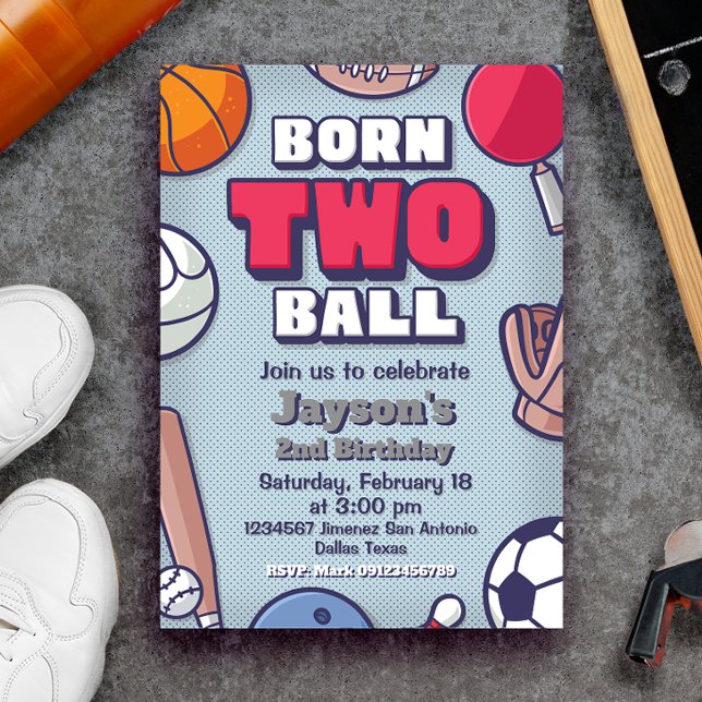 Convite Bola do nascer dois - segundo aniversário (Born Two Ball - 2nd Birthday - Sports Themed - Boy Invitation)
