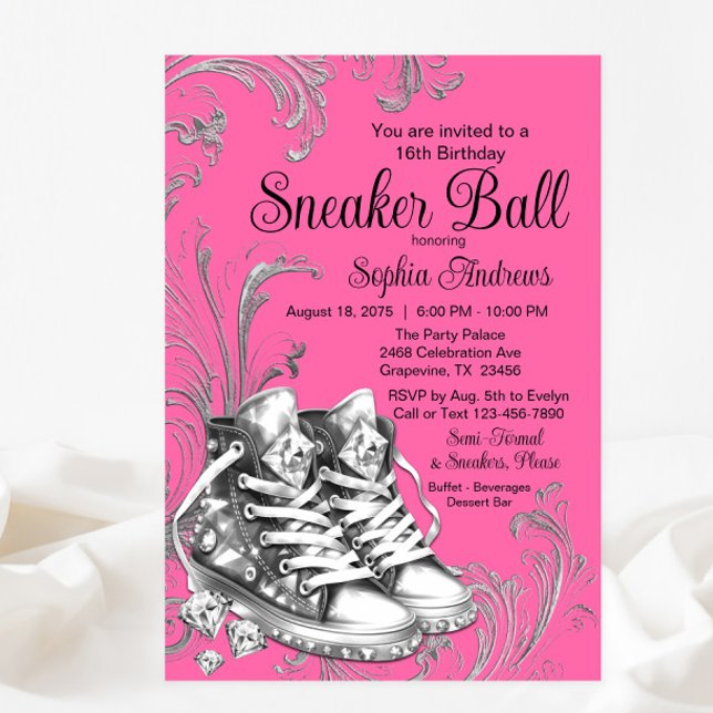 Convite Bola do Sneaker do Diamond Silver Rosa (You can change all of the text, fonts, wording and background color.)