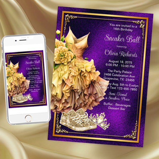 Convite Bola Dourada de Sneaker Roxo (Purple gold sneaker ball invitations. Instant download and printed invitations available.)