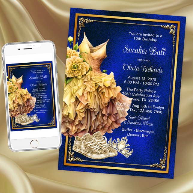 Convite Bola Dourada Real (Royal blue gold sneaker ball invitation. Instant download and printed invitations available.)