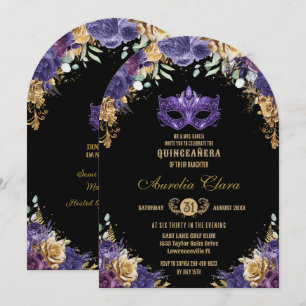 Convite Bola Floral Mascarada Roxa Quinceañera