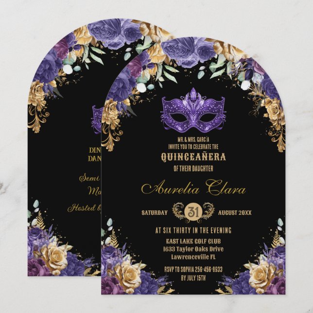 Convite Bola Floral Mascarada Roxa Quinceañera (Frente/Verso)