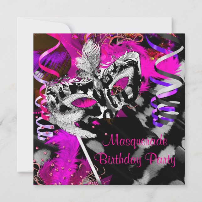 Convite Bola preta de prata preta do Mascarada de aniversá (Frente)