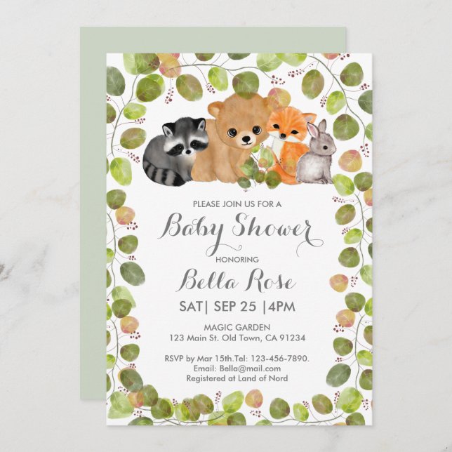 Convite Bolas de Bebê de Animais da Floresta Verde (Frente/Verso)