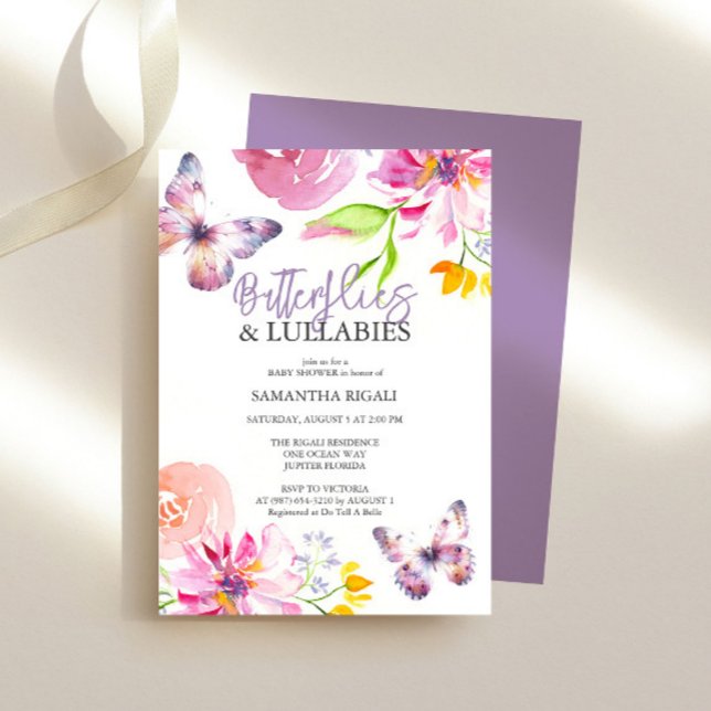 Convite Bolas de Bebê de Borboleta Roxa (purple butterfly baby shower invitations features watercolor floral art by Victoria Grigaliunas)