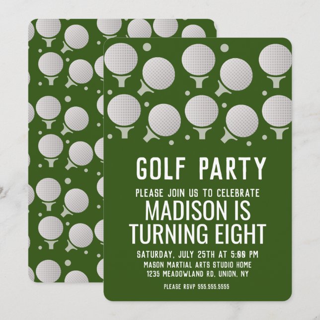 Convite Bolas de Golfe Modernas Festa de Aniversário Verde (Frente/Verso)