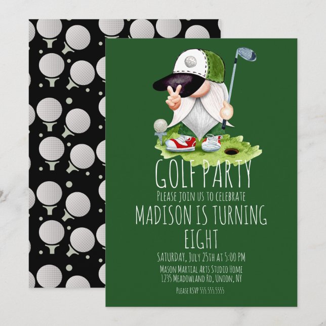 Convite Bolas de Golfe para Crianças Gnome Festa de Aniver (Frente/Verso)
