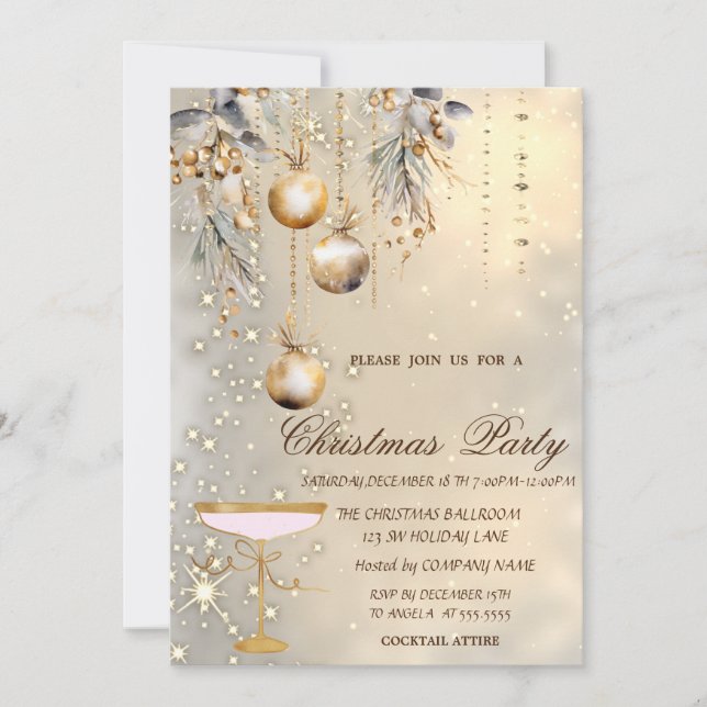 Convite Bolas de Natal Antigas Festa de Vidro Dourado  (Frente)