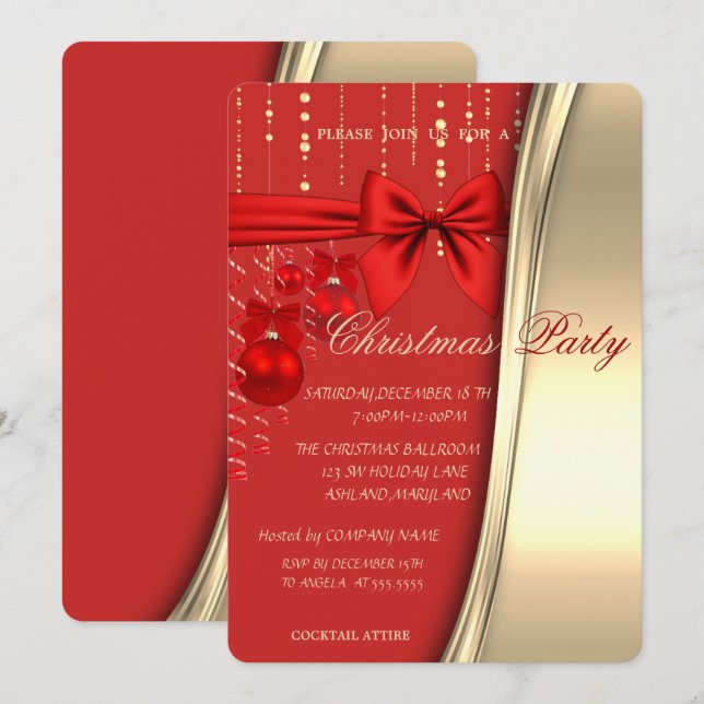 Convite Bolas de Natal, Arco, Vermelho, Dourado Festa Corp (Frente/Verso)