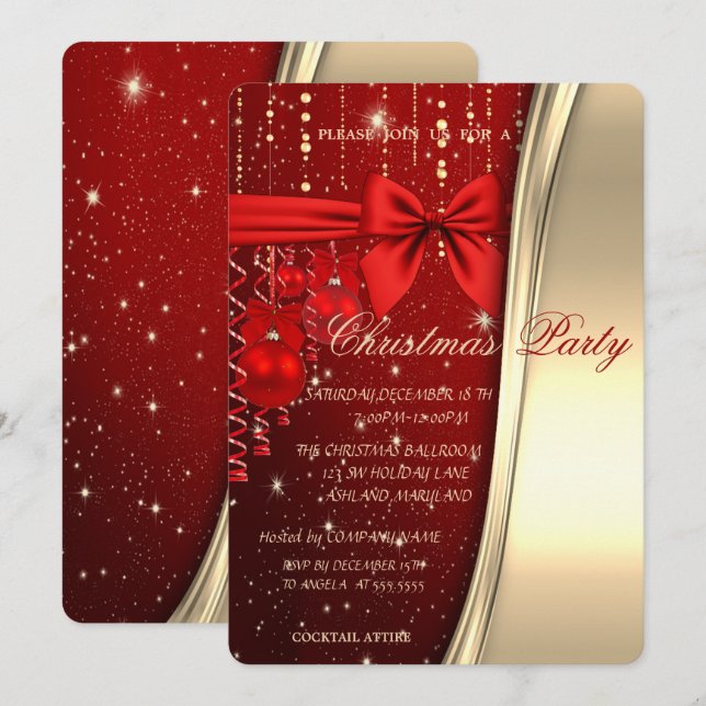 Convite Bolas de Natal, Arco, Vermelho, Dourado Festa Corp (Frente/Verso)