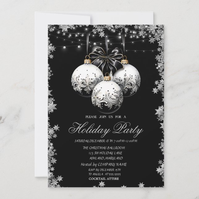Convite Bolas de Natal Brancas e Pretas Elegantes Estrelas (Frente)