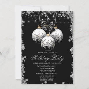 Convite Bolas de Natal Brancas e Pretas Elegantes Estrelas