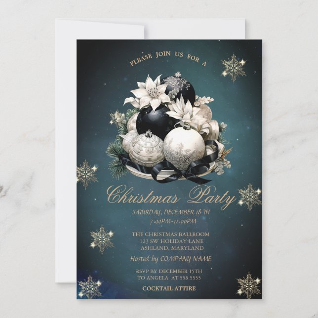 Convite Bolas de Natal Brancas Pretas, Empresa de Flocos d (Frente)