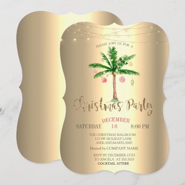 Convite Bolas de Natal de Palmeira,Luzes de Corda Douradas (Frente/Verso)