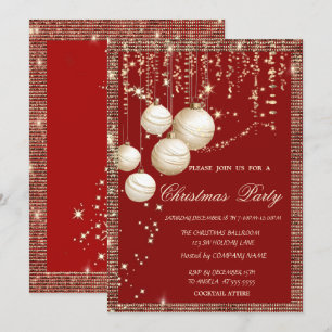 Convite Bolas de Natal Dourado Lantejoulas Quadro Vermelho
