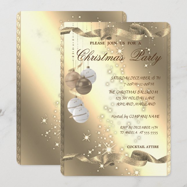 Convite Bolas de Natal Elegantes, Brilho, Festa de Natal (Frente/Verso)