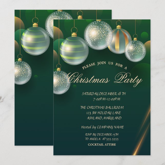 Convite Bolas de Natal Elegantes Festa de Natal Verde (Frente/Verso)