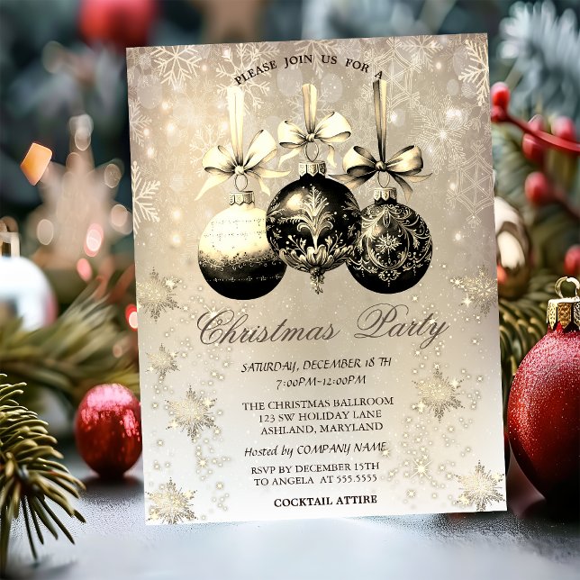 Convite Bolas de Natal Elegantes Flocos de Neve Dourado (Criador carregado)