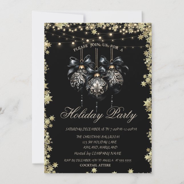 Convite Bolas de Natal Estrelas Douradas Preto Feriado (Frente)