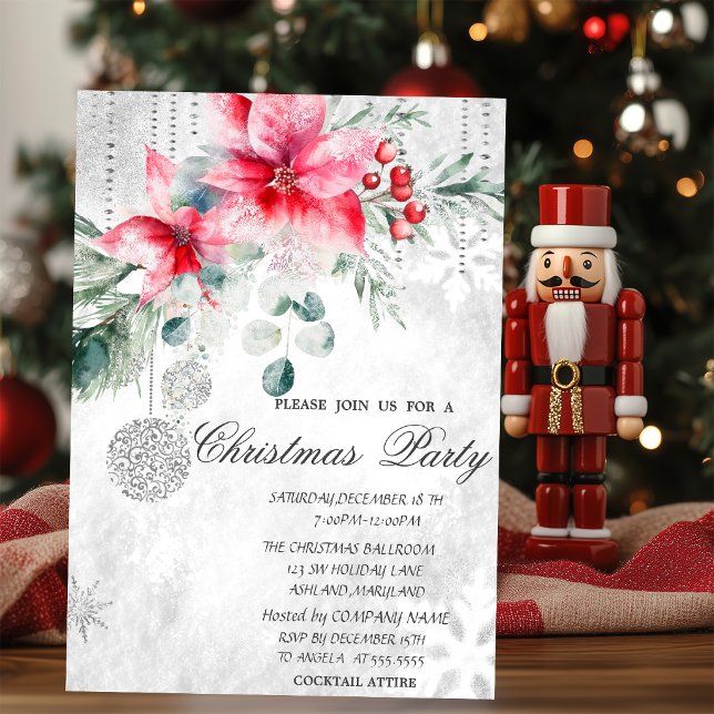Convite Bolas de Natal, Festa de Natal Poinsettia Cinza (Criador carregado)