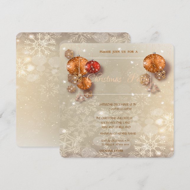Convite Bolas de Natal, Flocos de Neve, Partido Corporativ (Frente/Verso)