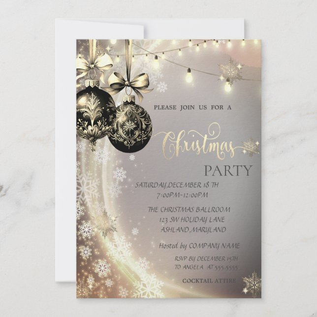 Convite Bolas de Natal Pretas,Luzes de Cordas,Flocos de Ne (Frente)
