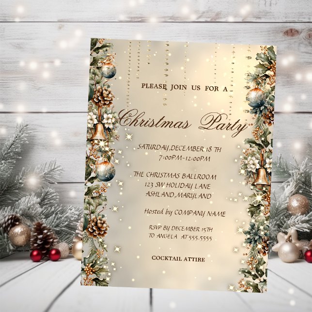 Convite  Bolas de Natal,sinos,pinhas Natal Dourado  (Criador carregado)