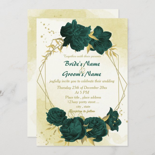 Convite Bolas de ouro de flores verdes e meraldas (Frente/Verso)