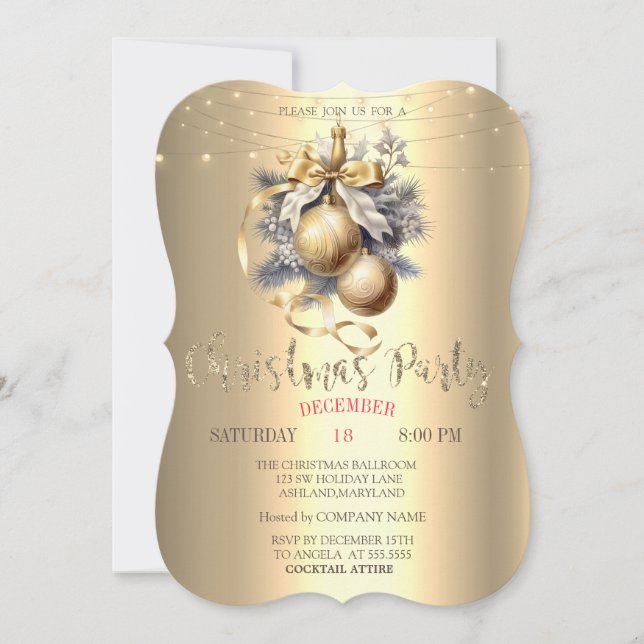 Convite Bolas de Ouro Elegantes,Luzes de Natal Douradas (Frente)