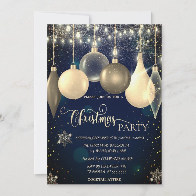 Convite Bolas Elegantes, Luzes Natal Azul (Frente)