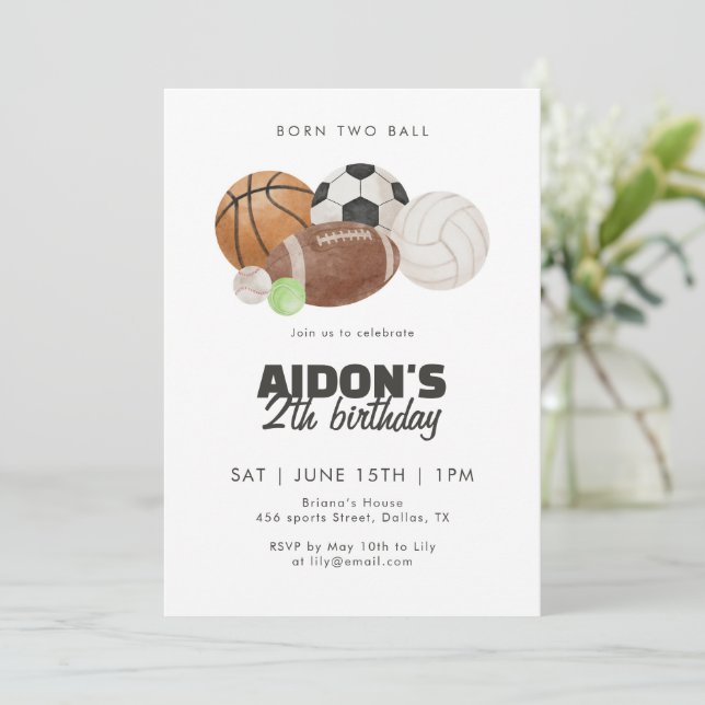Convite Bolas Esportivas Born Two Ball Aniversário de 2 An (Em pé/Frente)