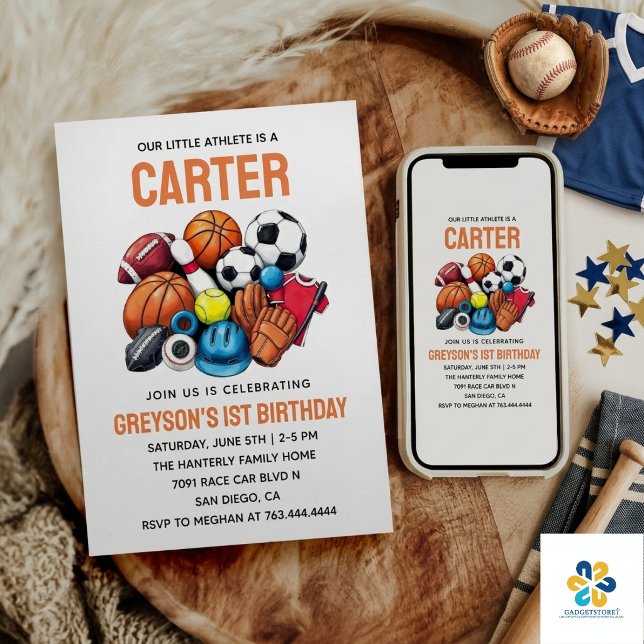 Convite Bolas Esportivas de Meninos Modernos Aniversário d (Modern Boys Sports Balls All Star 1st Birthday Invitation)