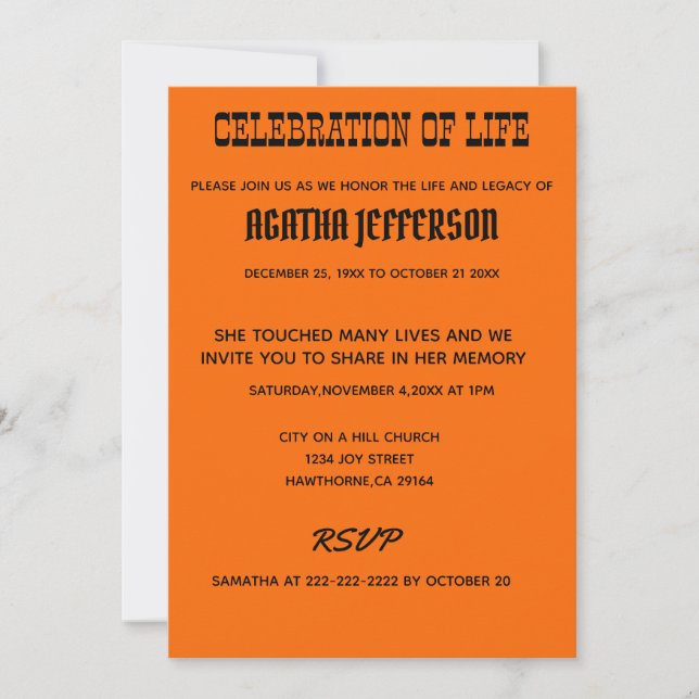 Convite Bold Amber Celebration of Life Invitation (Frente)