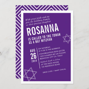 Convite BOLD BAT MITZVAH, branco roxo, de ângulo moderno s