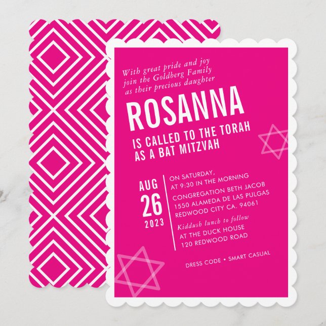 Convite BOLD BAT MITZVAH, cor-de-rosa quente, de ângulo mo (Frente/Verso)