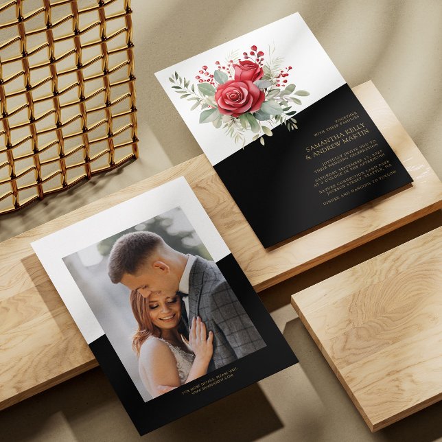 Convite Bold & BeauBonito: Casamento de Rosas vermelhas de (Bold & Beautiful: Watercolor Red Roses Wedding Invitation)