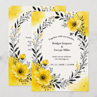 Convite Bold Black Wreath Yellow Wedding Florals