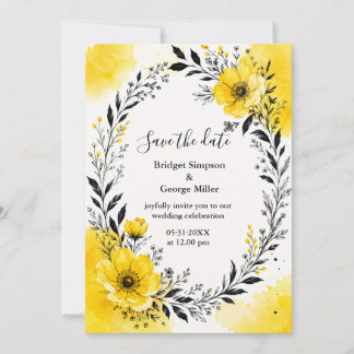 Convite Bold Black Wreath Yellow Wedding Florals