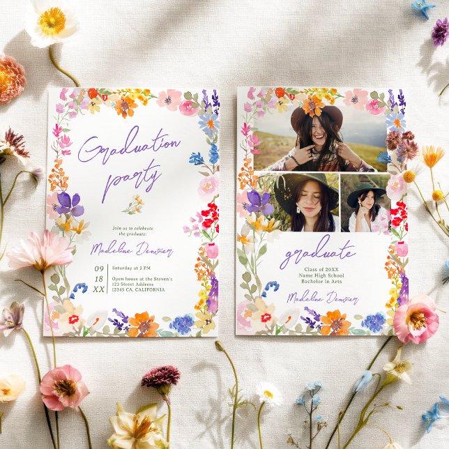 Convite Bold Boho Bright Wildflower Photo Graduation (Bold Boho Bright Wildflower Photo Graduation Invitation)