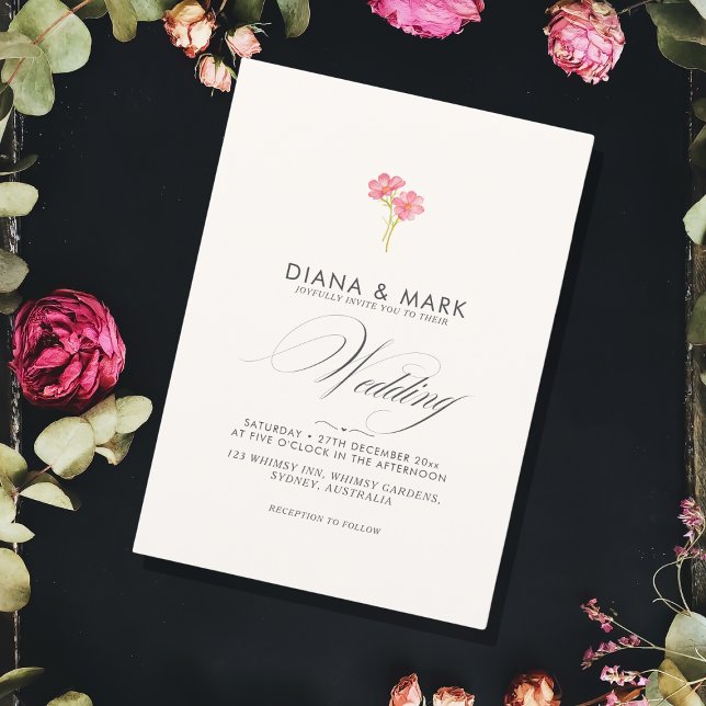 Convite Bold Boho Pink Trendy Wildflower Casamento único (Criador carregado)