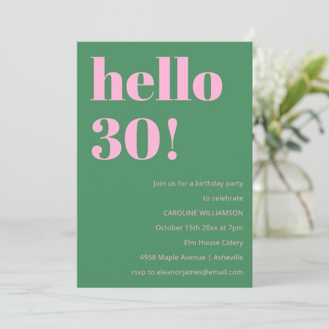 Convite Bold Bright Modern Retro Pink Green 30th Birthday (Em pé/Frente)