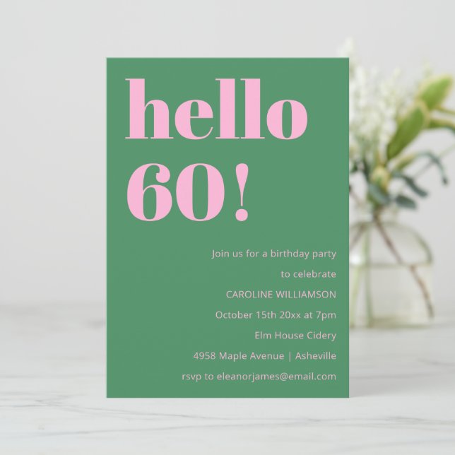 Convite Bold Bright Modern Retro Pink Green 60th Birthday (Em pé/Frente)