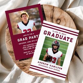 Convite Bold Burgundy Stripes Athletic Photo Graduation