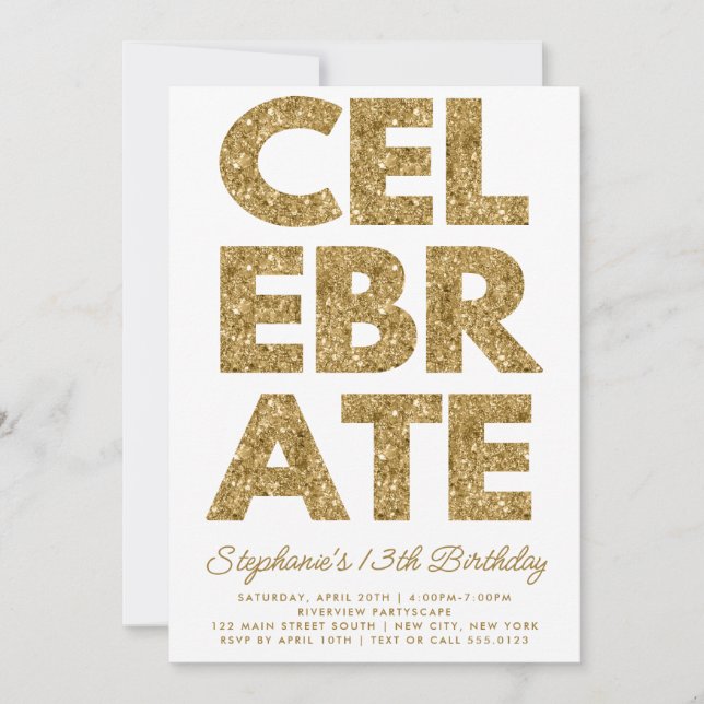 Convite Bold CELEBRATE Dourado Glitter Birth (Frente)
