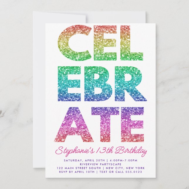 Convite Bold CELEBRATE Rainbow Glitter Aniversário (Frente)