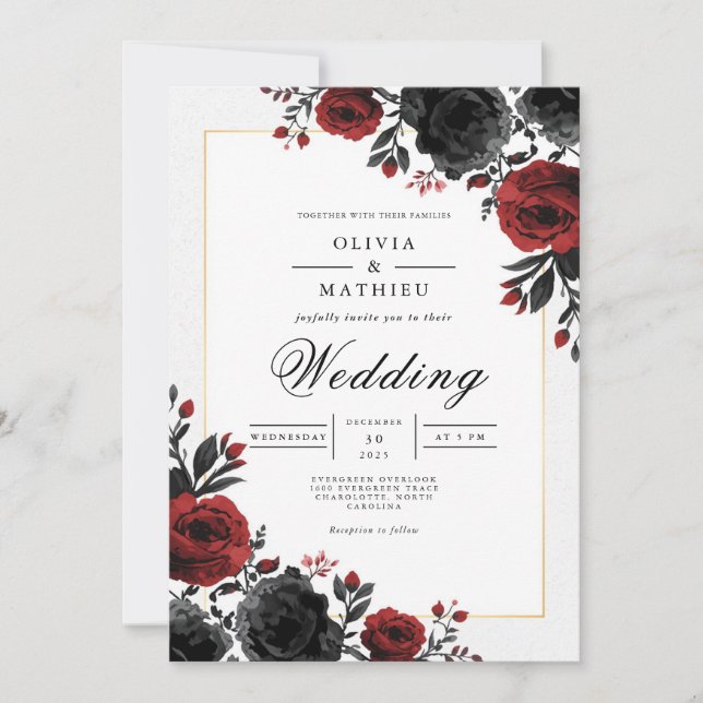 Convite Bold Crimson Floral Romance Wedding (Frente)
