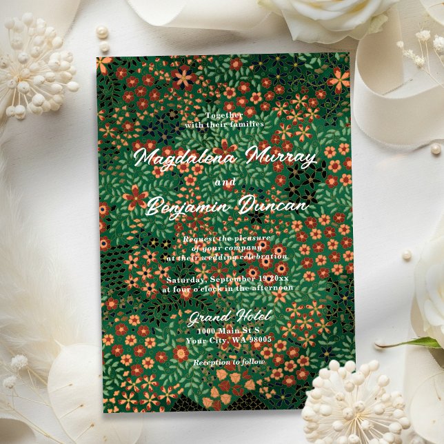 Convite Bold Dark Green Red Floral Earthy Textile Wedding (Criador carregado)